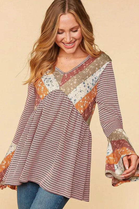 Burgundy/Olive Plus Ethnic Stripe Patchwork Bell Sleeve Knit Top