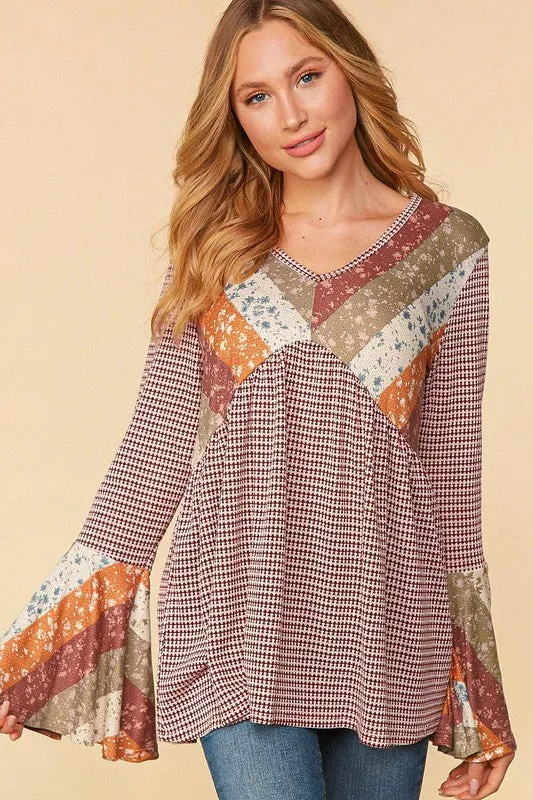 Burgundy/Olive Plus Ethnic Stripe Patchwork Bell Sleeve Knit Top