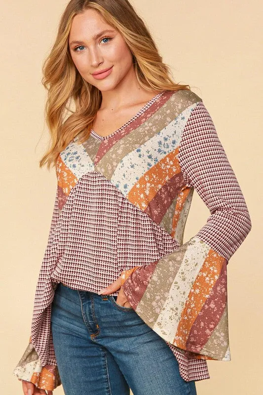 Burgundy/Olive Plus Ethnic Stripe Patchwork Bell Sleeve Knit Top