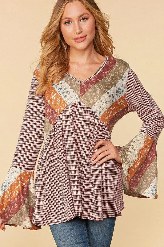 Burgundy/Olive Plus Ethnic Stripe Patchwork Bell Sleeve Knit Top