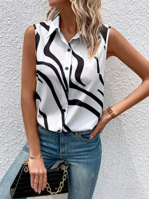 Buttoned Printed Loose Sleeveless Lapel Blouses&Shirts Tops