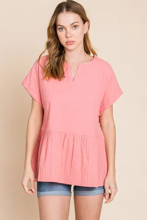 by Nu Label Notched Short Sleeve Peplum Top