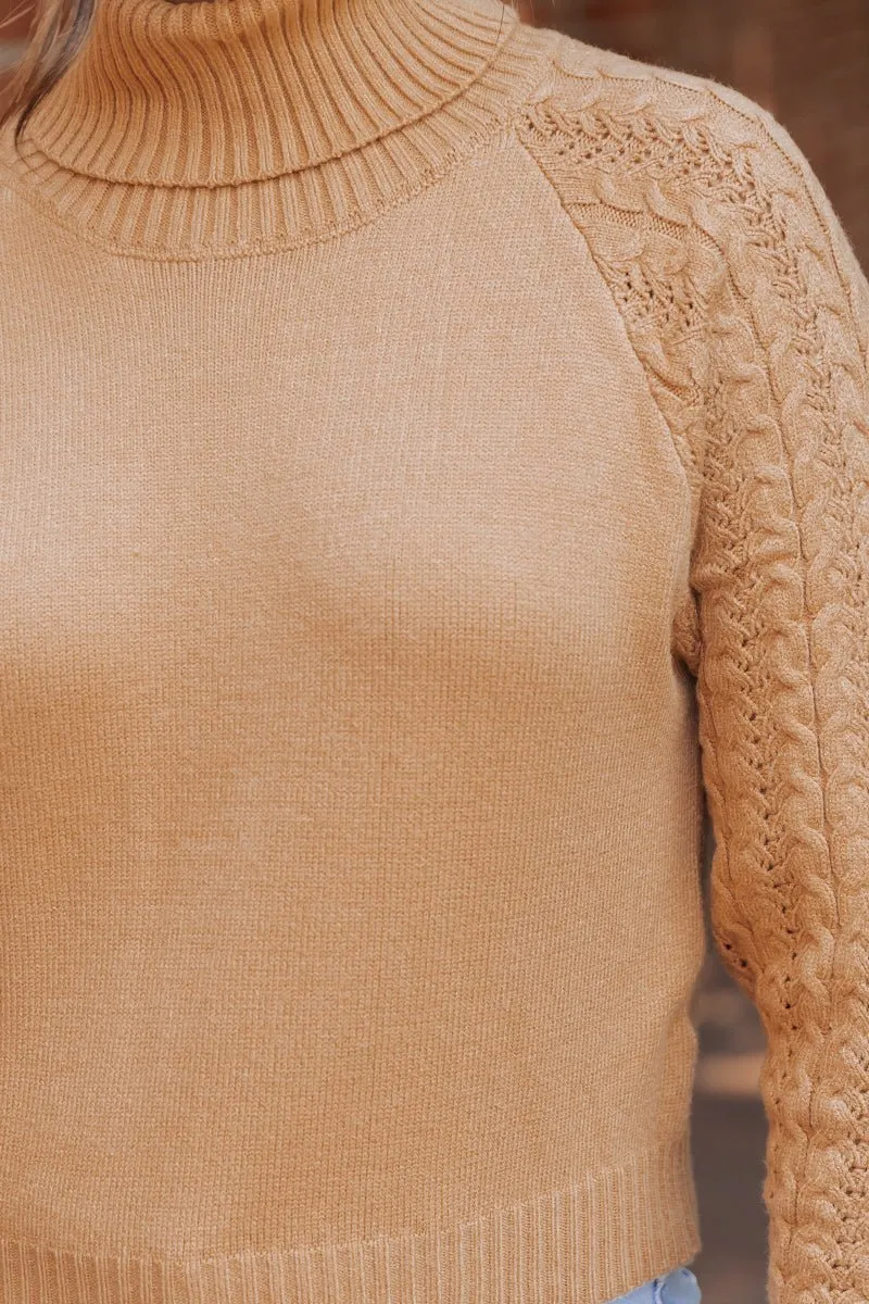 Camel Cable Knit Sleeve Turtleneck Sweater - DOORBUSTER