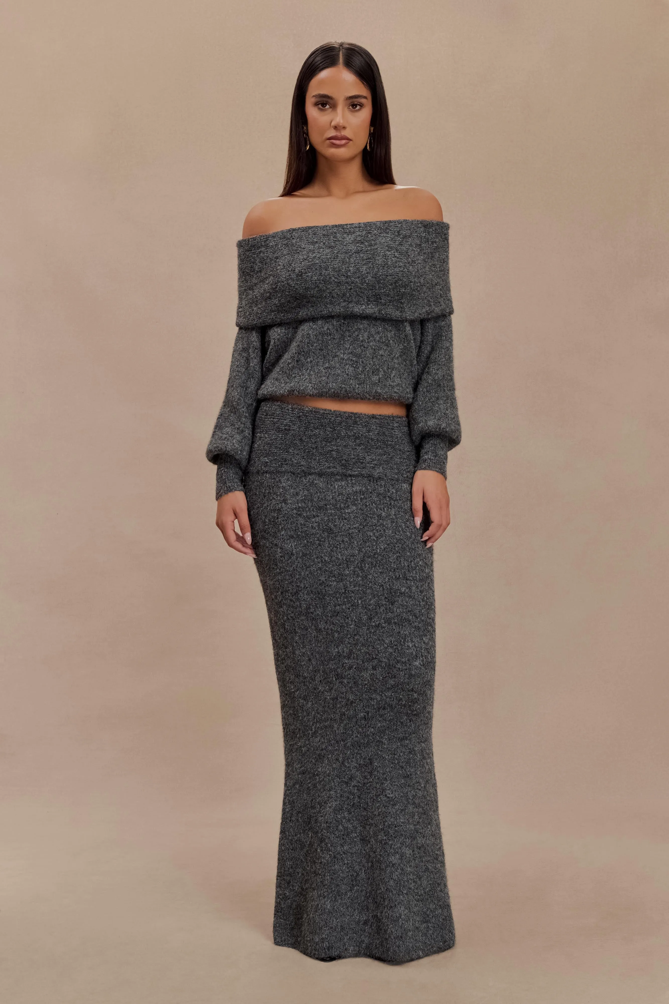 Charlotte Off Shoulder Knit Long Sleeve Top - Charcoal Marle