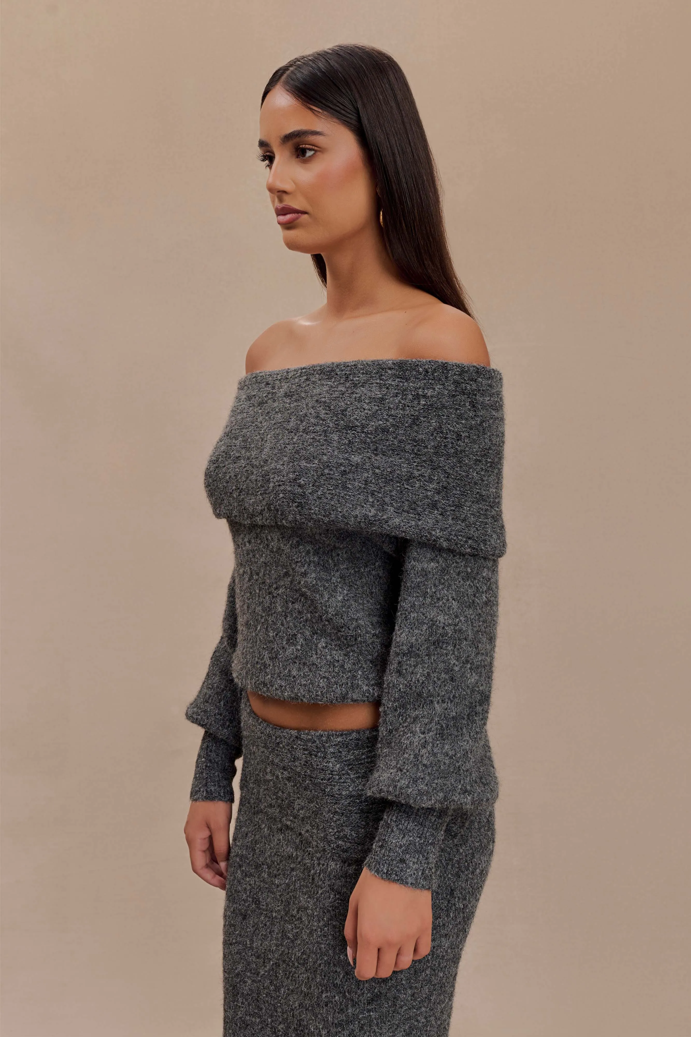 Charlotte Off Shoulder Knit Long Sleeve Top - Charcoal Marle