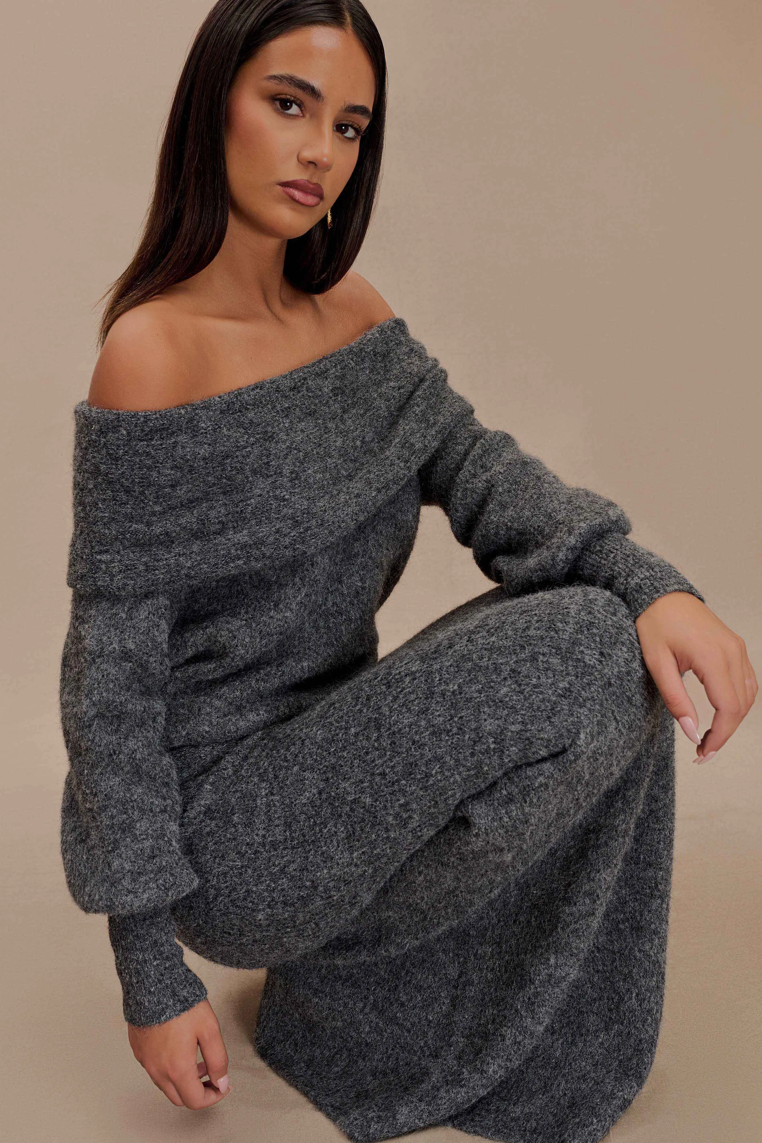 Charlotte Off Shoulder Knit Long Sleeve Top - Charcoal Marle