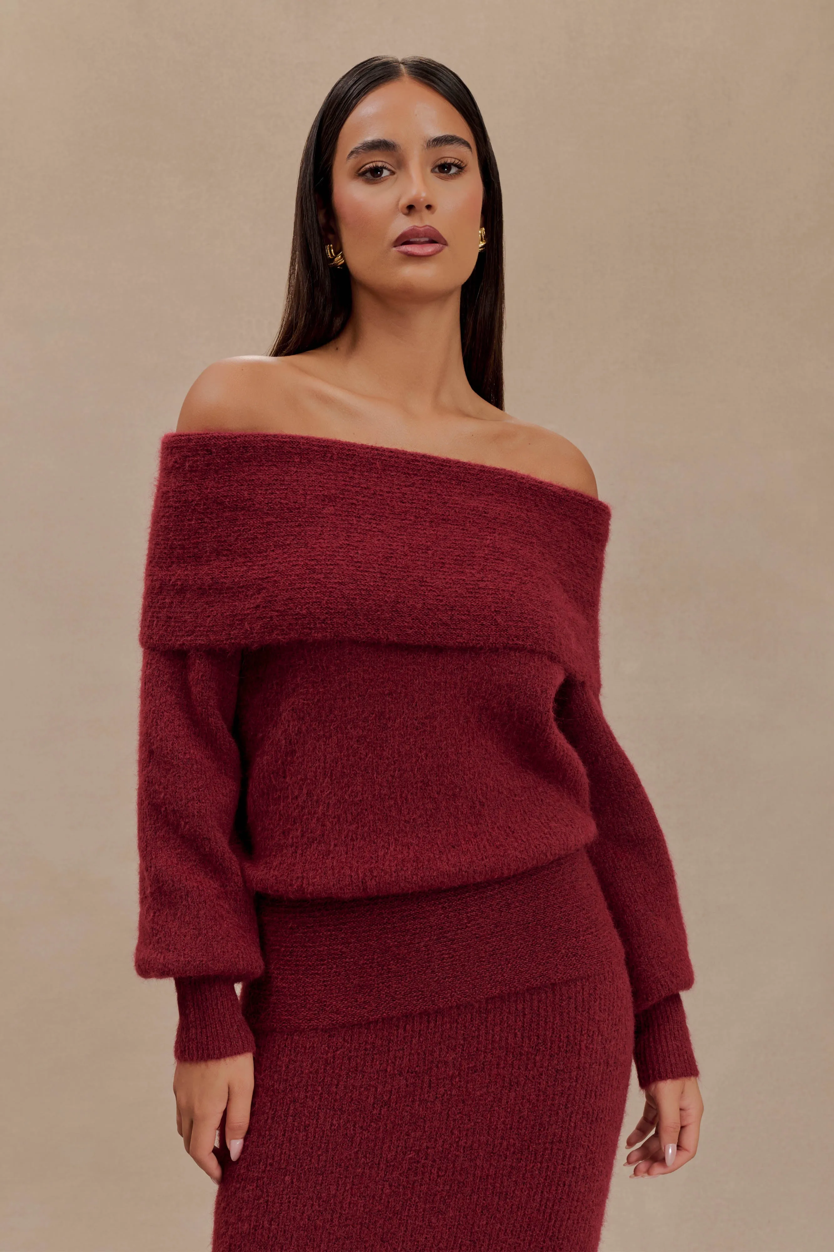 Charlotte Off Shoulder Knit Long Sleeve Top - Merlot