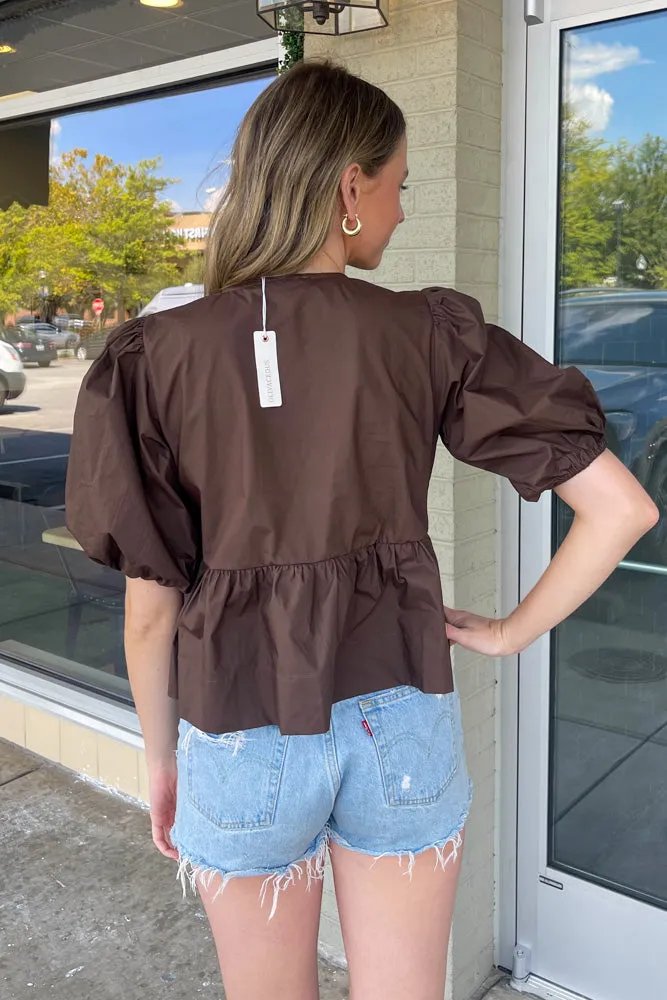 Coffee Bean Tie Front Top-Brown