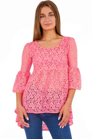 Coral Pink Lace Ava Bell Sleeve Boho Tunic - Women