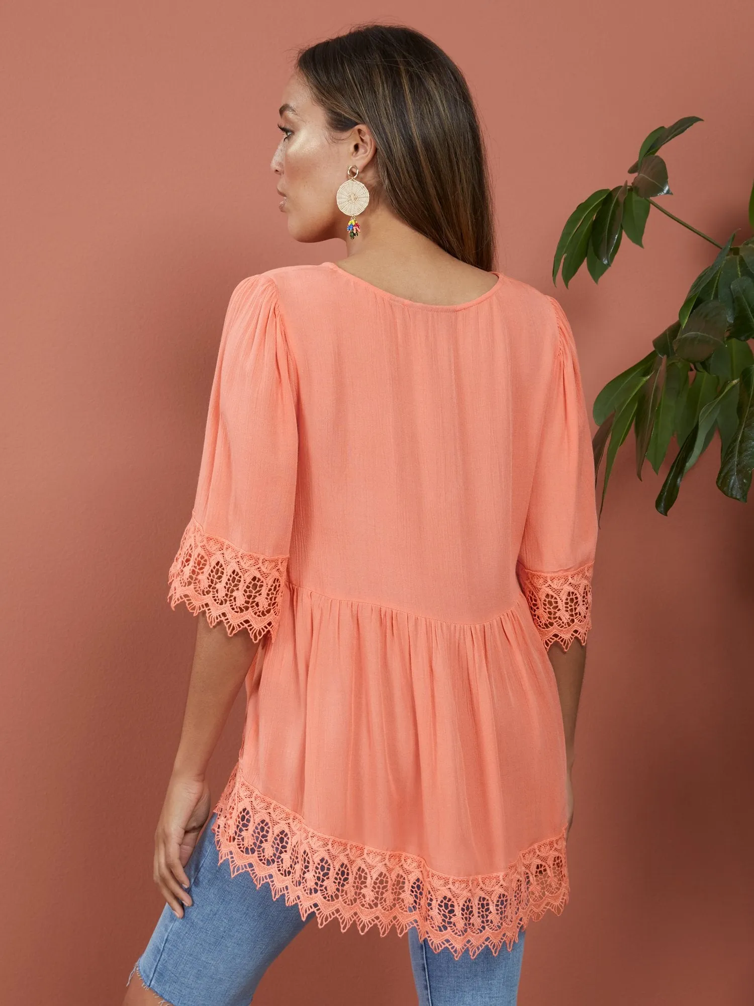 Crochet-Trim V-Neck Tunic Top - Lily & Cali