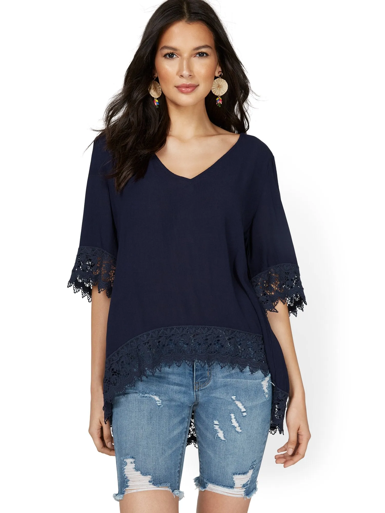 Crochet-Trim V-Neck Tunic Top - Lily & Cali