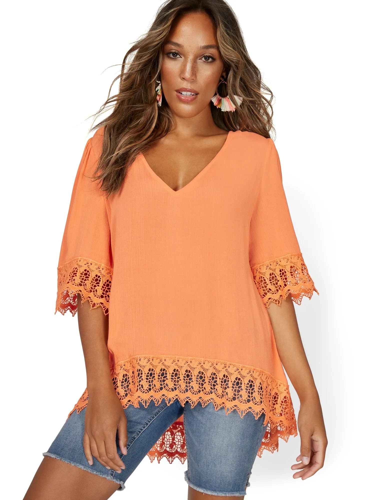 Crochet-Trim V-Neck Tunic Top - Lily & Cali