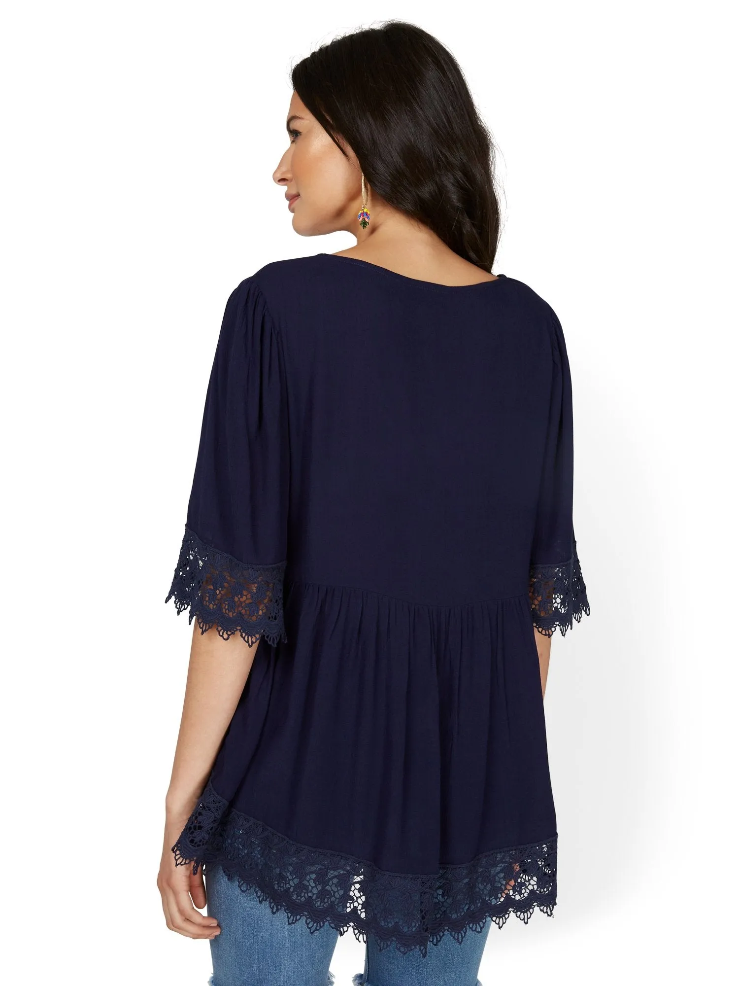 Crochet-Trim V-Neck Tunic Top - Lily & Cali