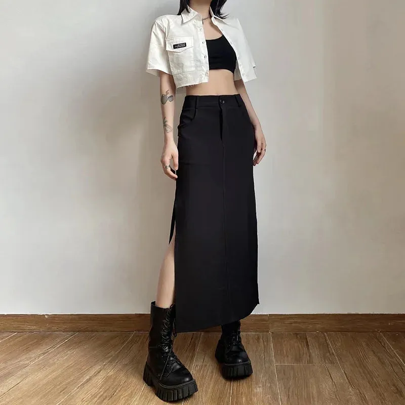 Dark Y2K Streetwear Black Cargo Midi Skirt with High Waist and Split Design