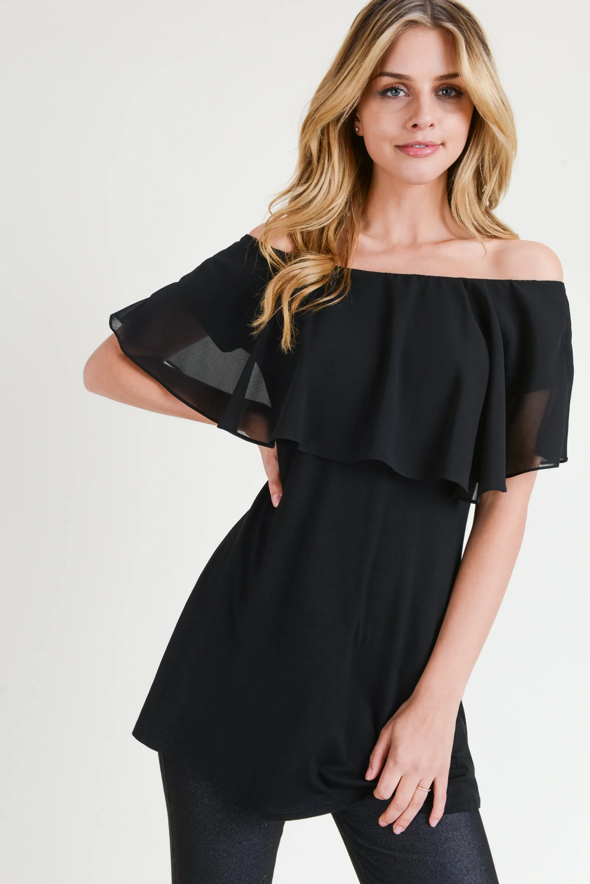 Effortlessly Chic Chiffon Off The Shoulder Tunic Top