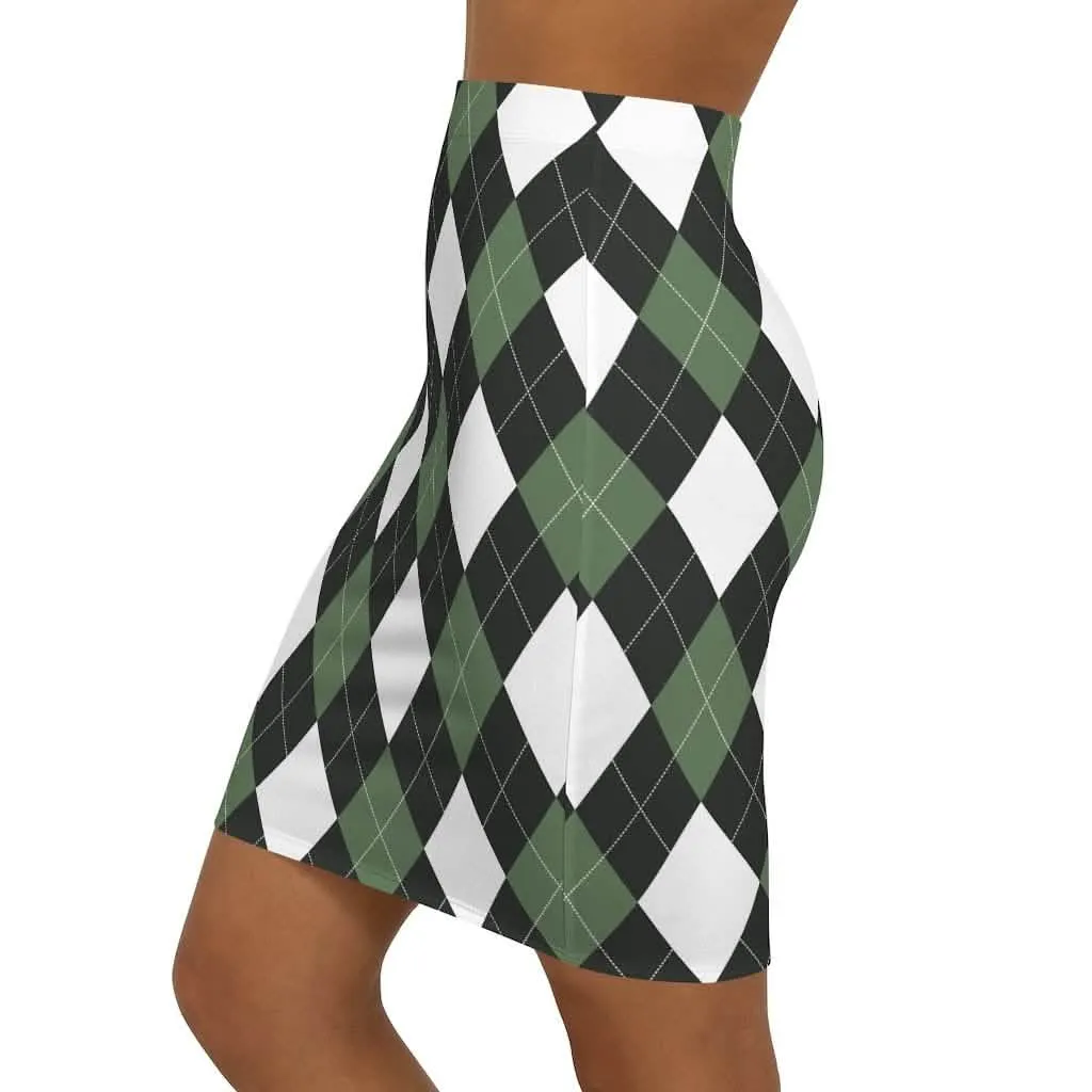 Elegant Argyle Stretch Mini Pencil Skirt in Green and White for Women