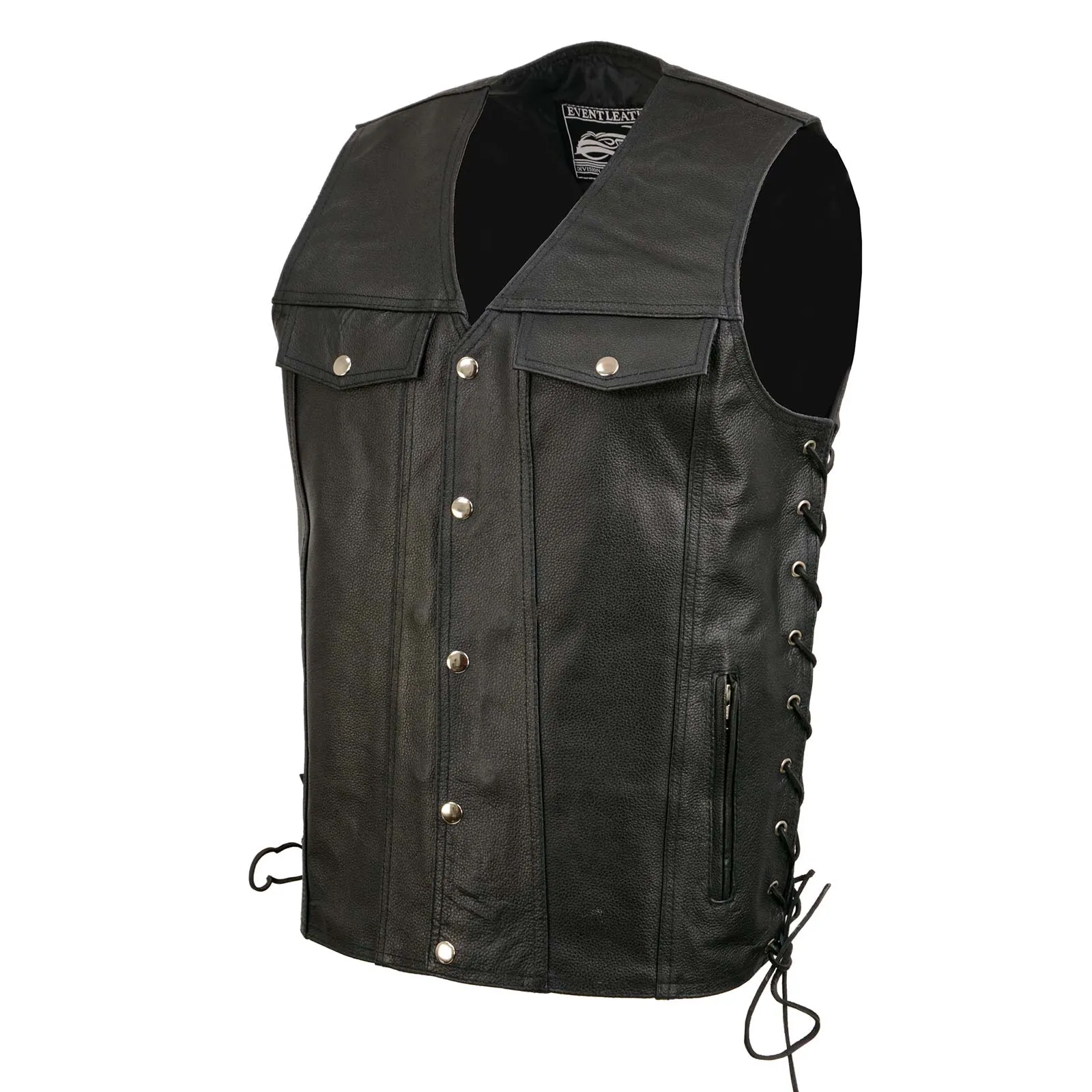 Event Leather EL5360TALL Black Motorcycle Leather Vest Tall Sizes with Denim Style Pockets -Riding Club Adult Vests