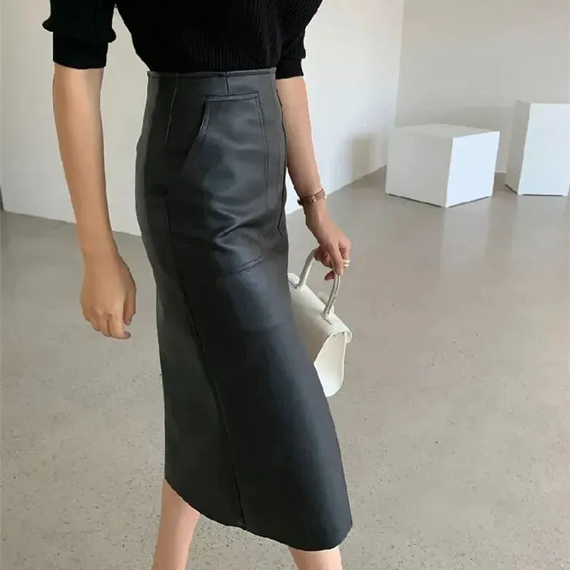 Fashion Slim Long Faux Leather Hip Skirt