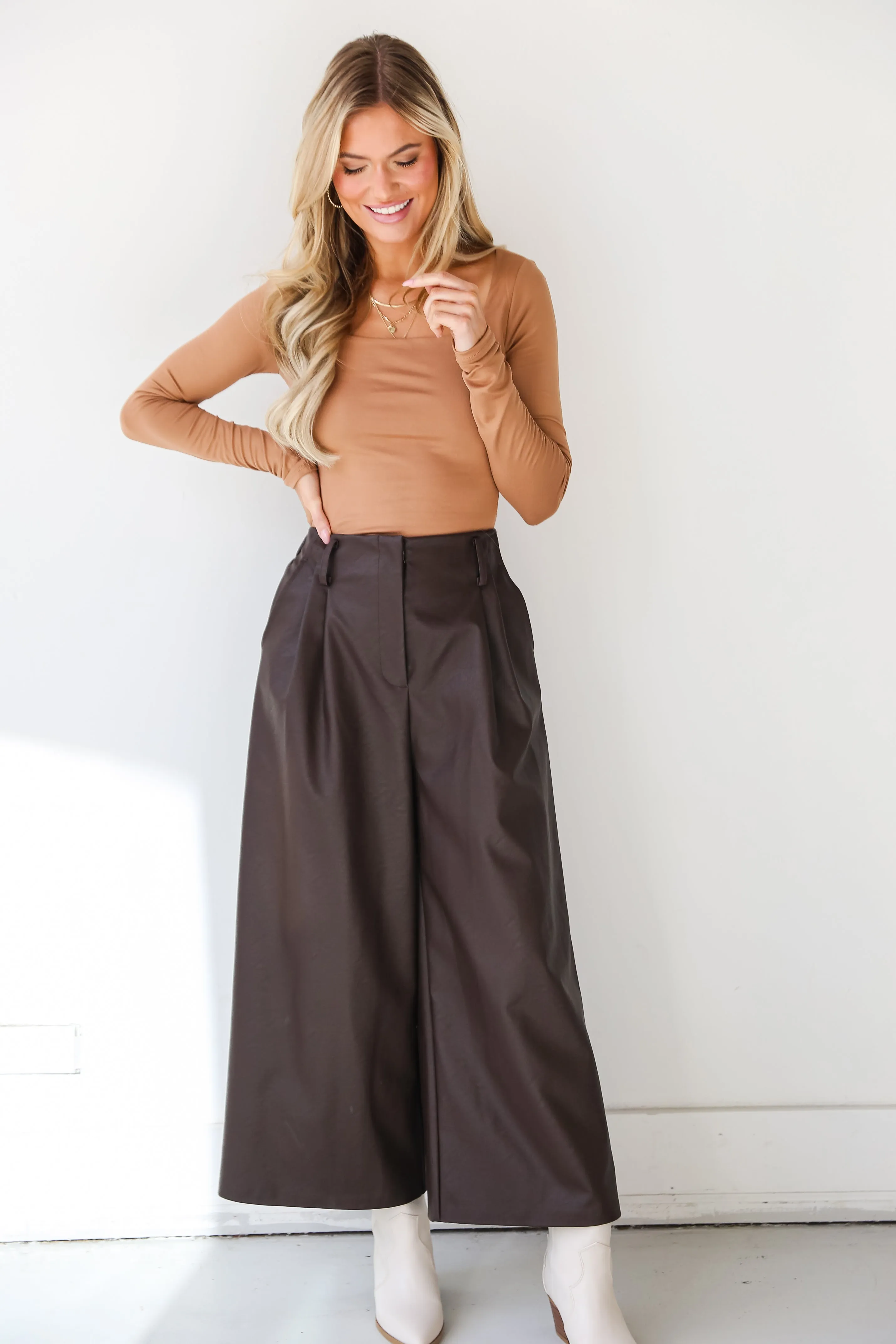 FINAL SALE - Exceptional Vision Brown Leather Culotte Pants