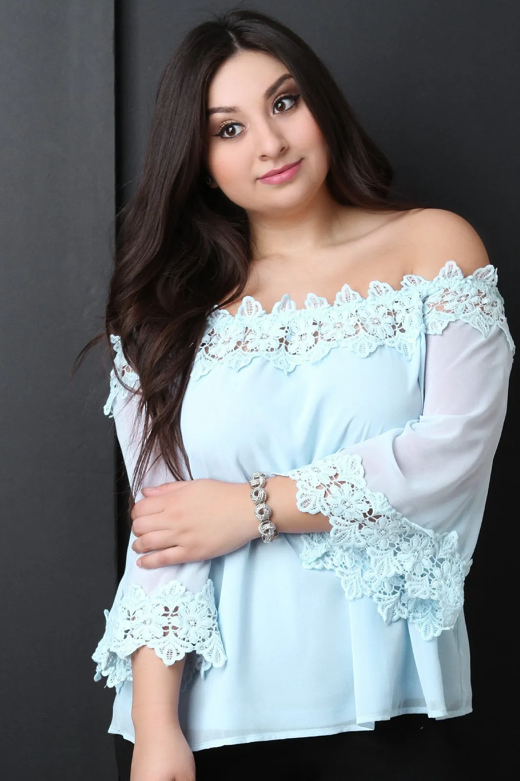 Floral Crochet Trim Chiffon Off-The-Shoulder Peasant Top