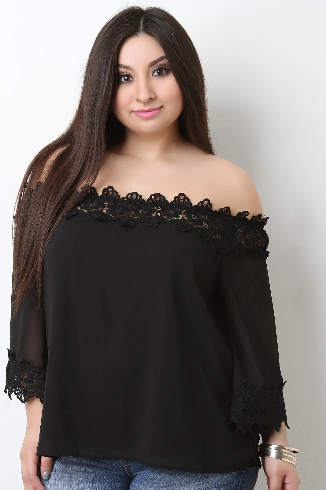 Floral Crochet Trim Chiffon Off-The-Shoulder Peasant Top