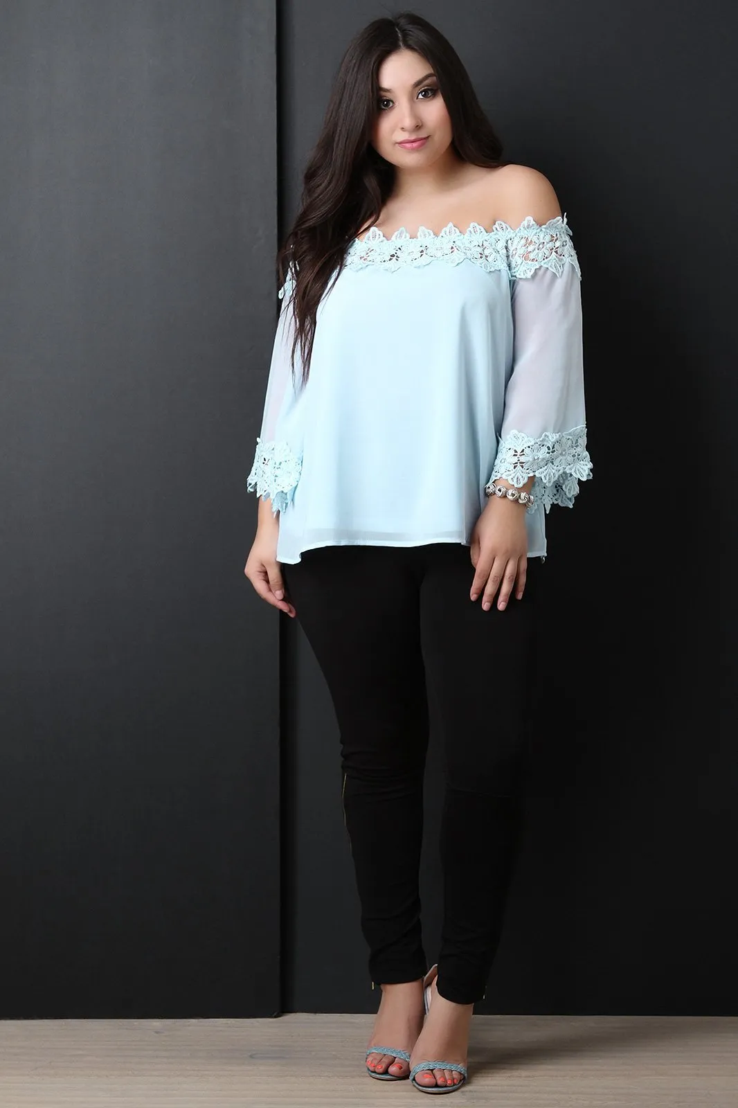 Floral Crochet Trim Chiffon Off-The-Shoulder Peasant Top