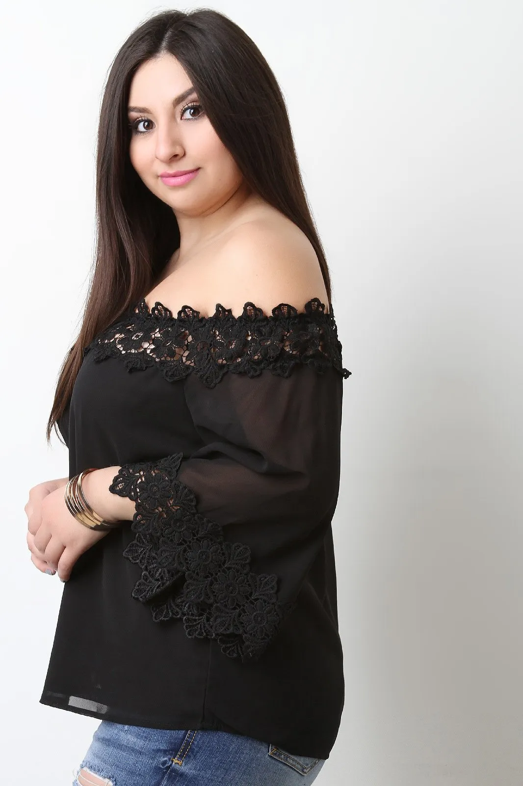 Floral Crochet Trim Chiffon Off-The-Shoulder Peasant Top