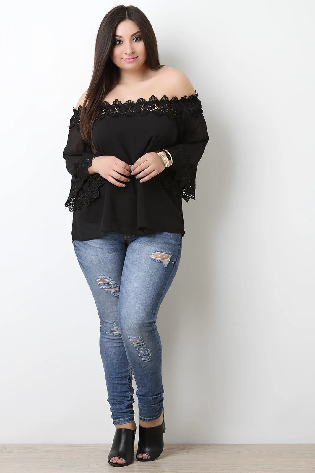 Floral Crochet Trim Chiffon Off-The-Shoulder Peasant Top