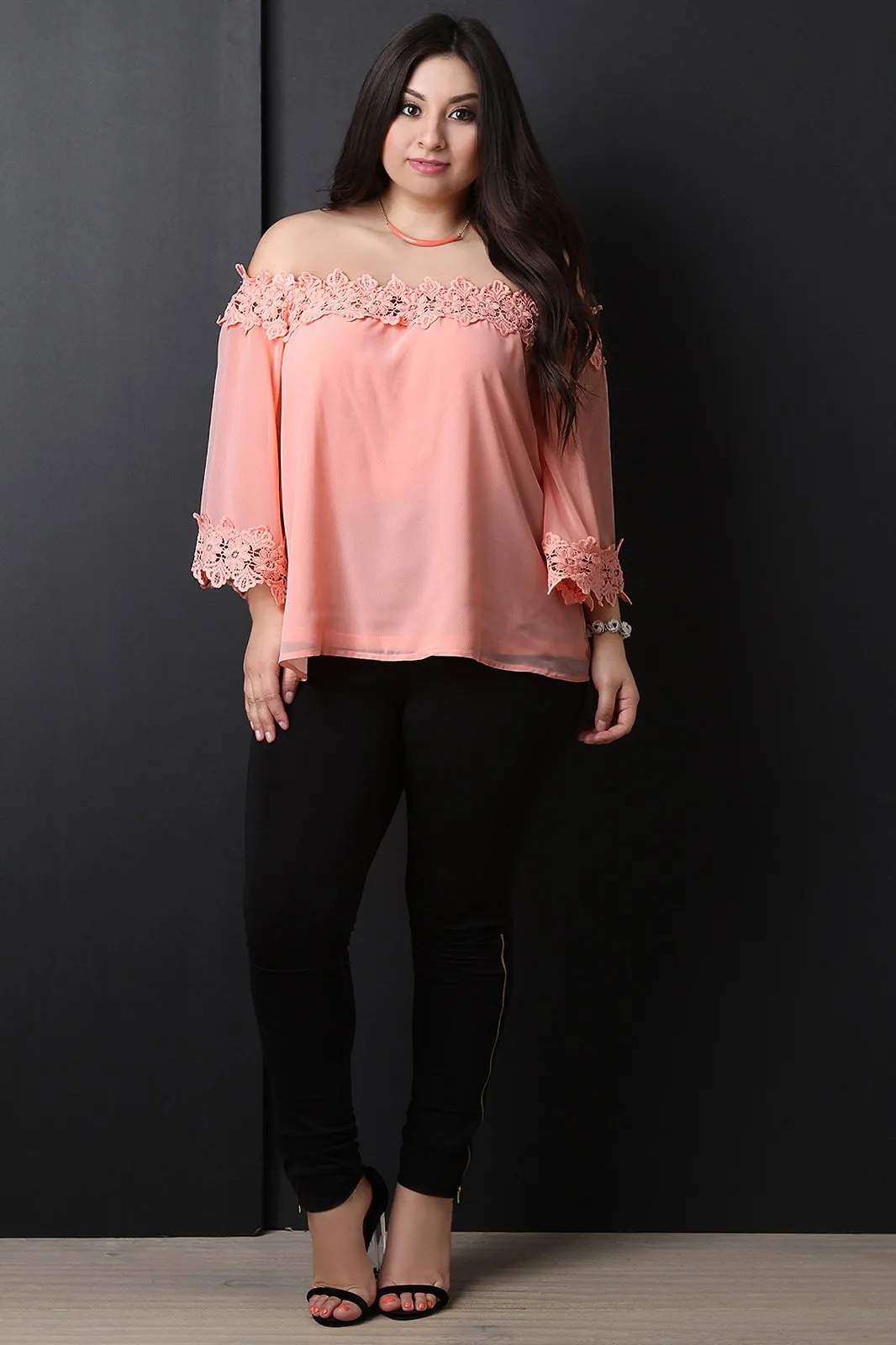 Floral Crochet Trim Chiffon Off-The-Shoulder Peasant Top