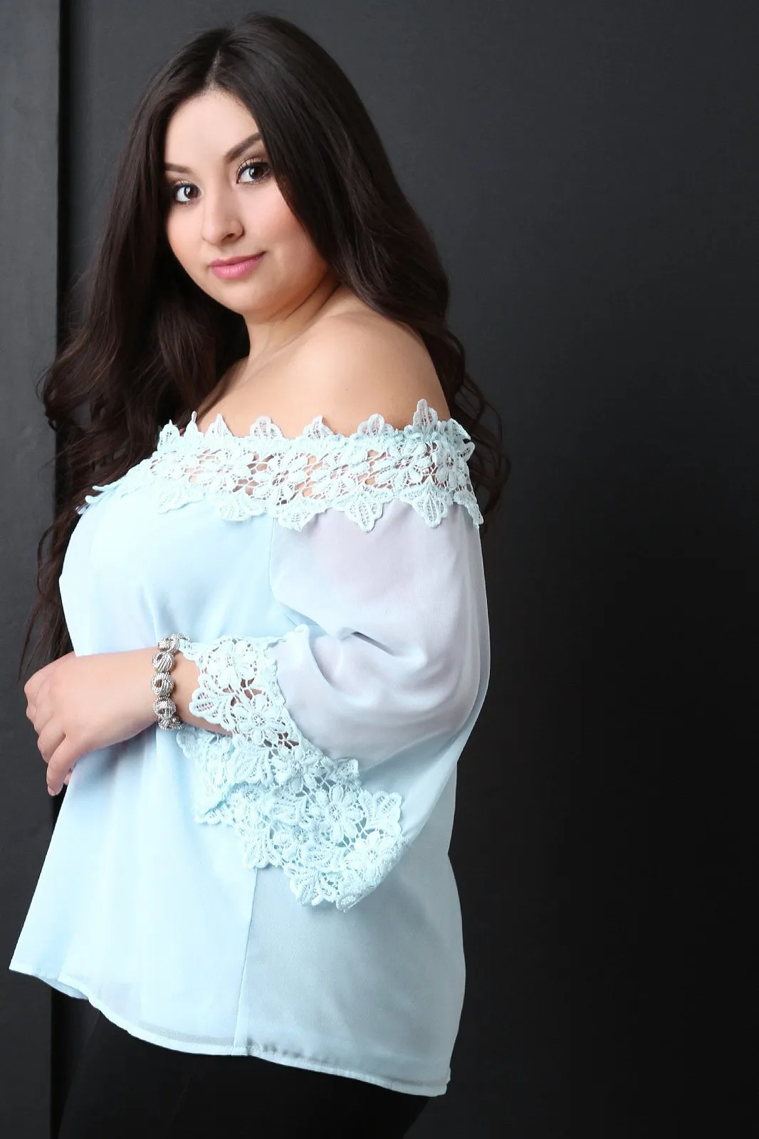 Floral Crochet Trim Chiffon Off-The-Shoulder Peasant Top