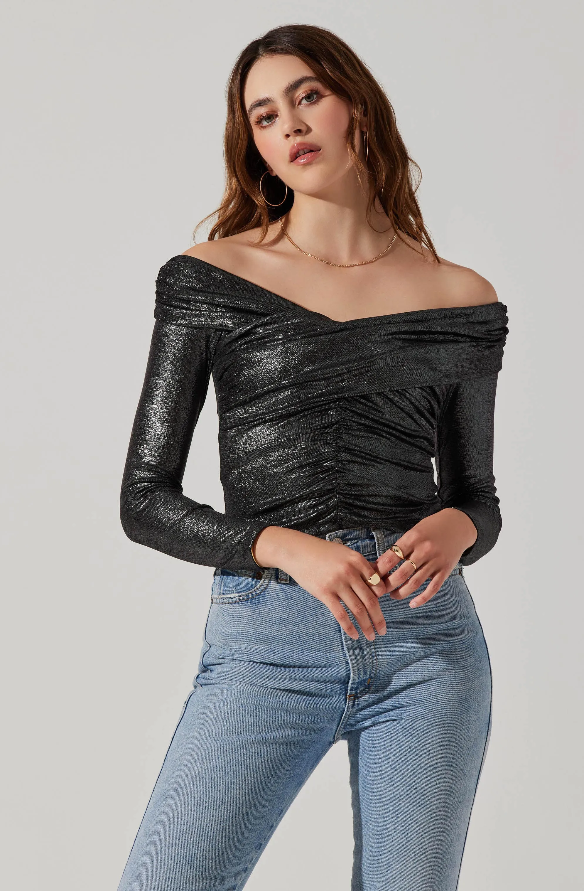 Frannie Metallic Ruched Off Shoulder Top