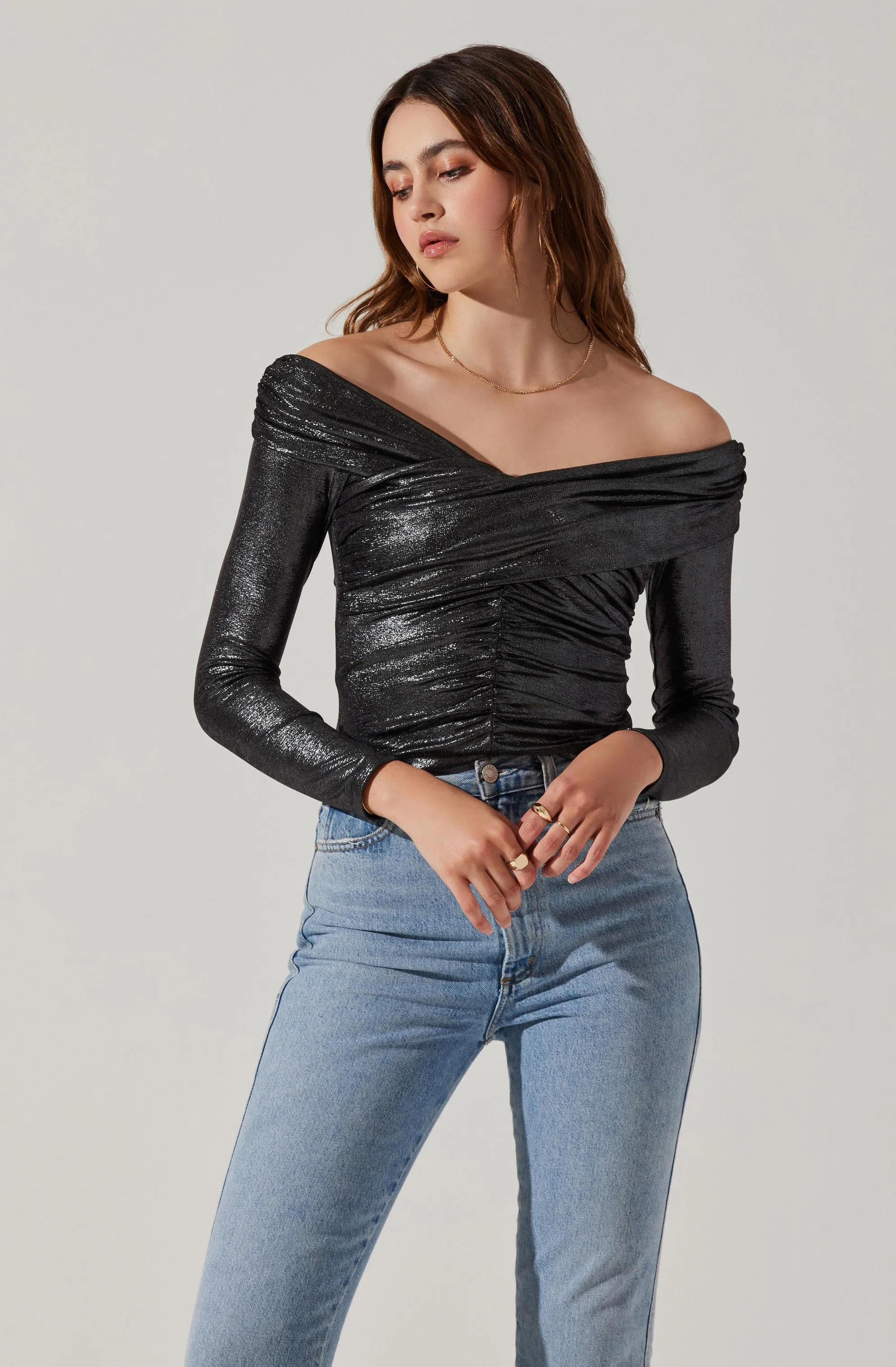 Frannie Metallic Ruched Off Shoulder Top