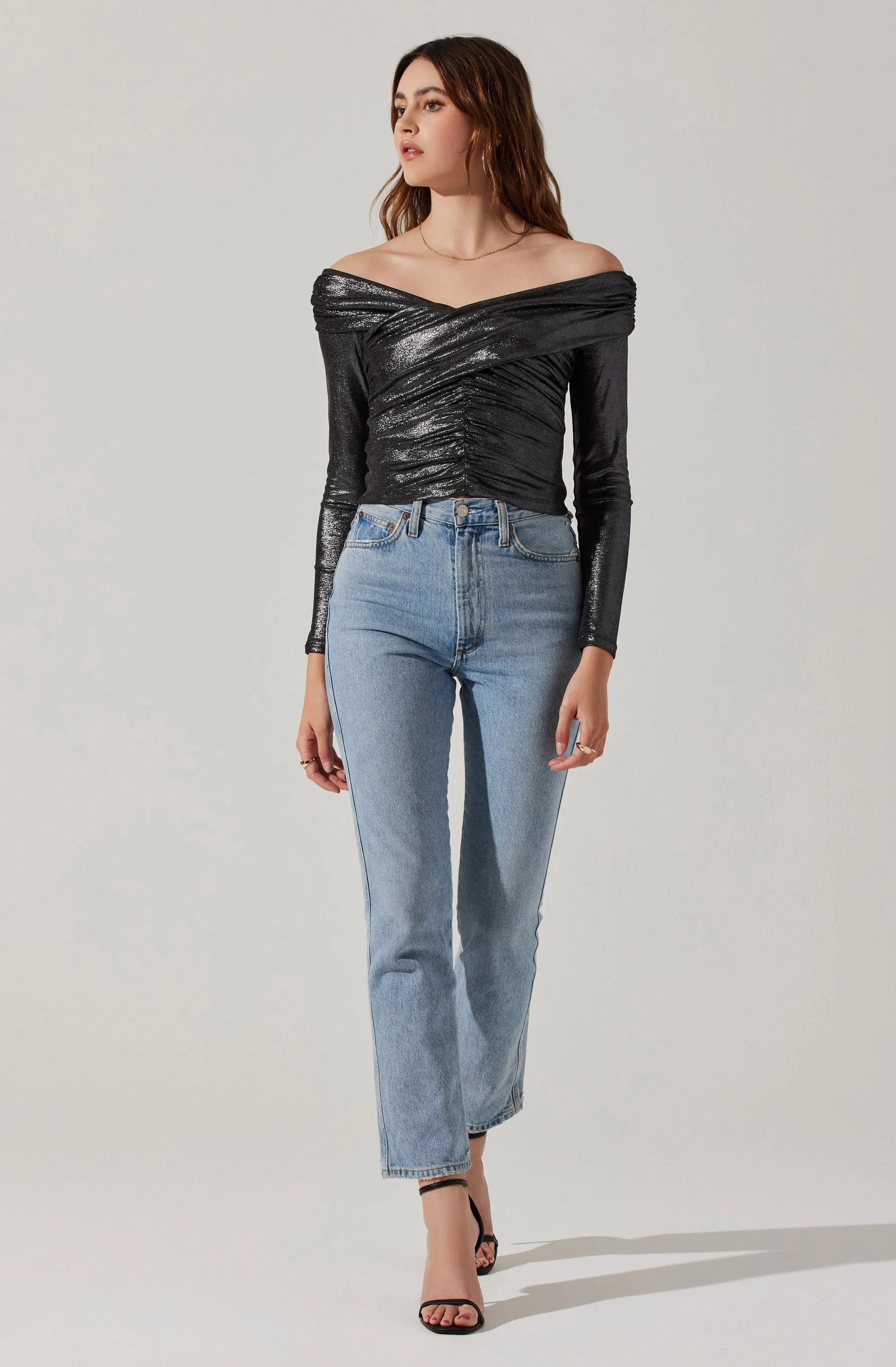 Frannie Metallic Ruched Off Shoulder Top