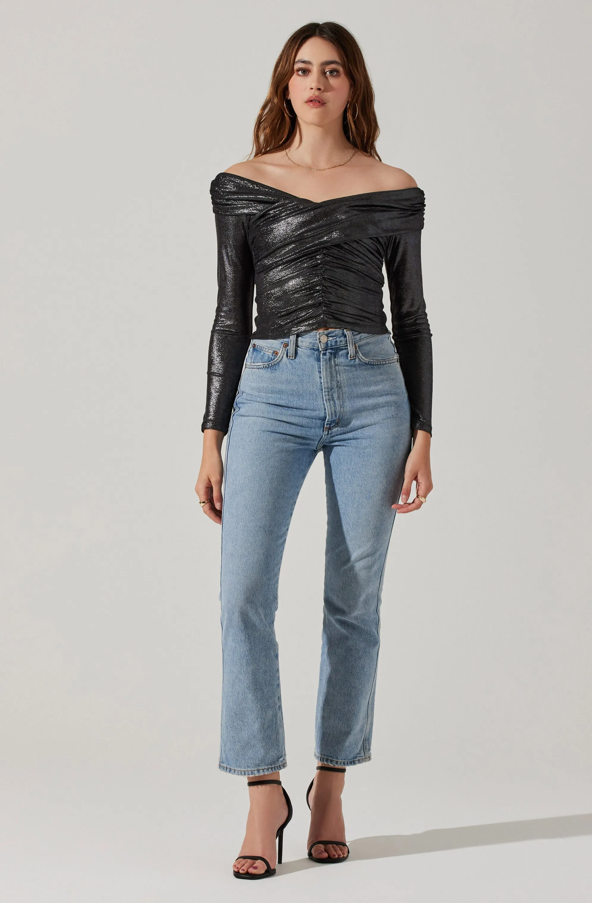 Frannie Metallic Ruched Off Shoulder Top