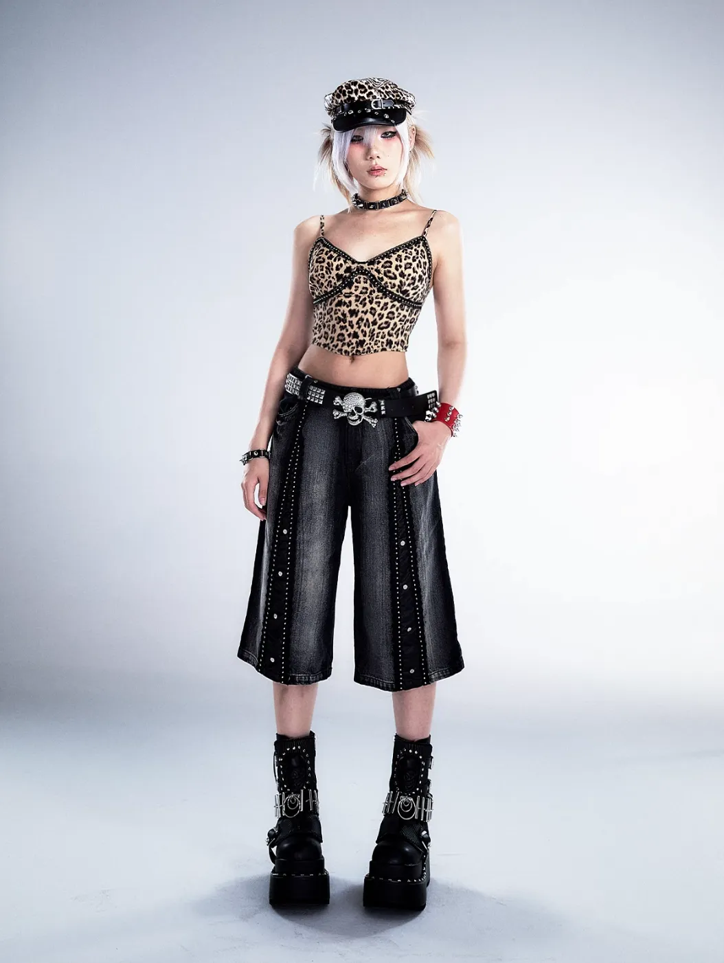 Frustration Garden Gothic Punk Denim Culottes - Black Faded Wide-Leg Capris with Studded Details