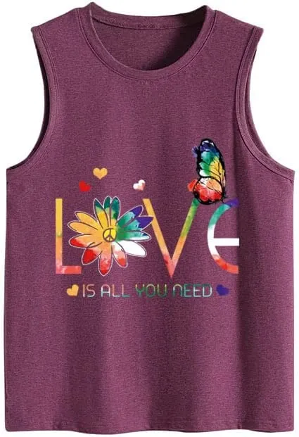 Funny Valentines Shirt Women Love is All You Need Daisy Butterfly PeaceTank Tops