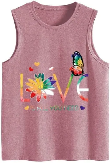 Funny Valentines Shirt Women Love is All You Need Daisy Butterfly PeaceTank Tops