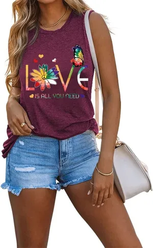 Funny Valentines Shirt Women Love is All You Need Daisy Butterfly PeaceTank Tops