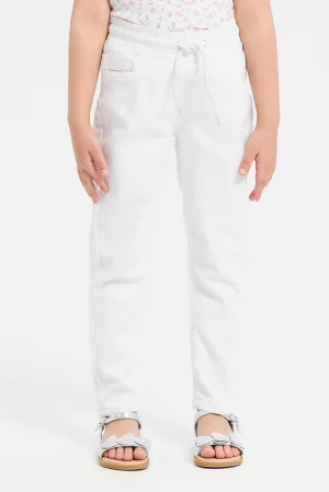 Girls White Plain Knit Denim Jeggings