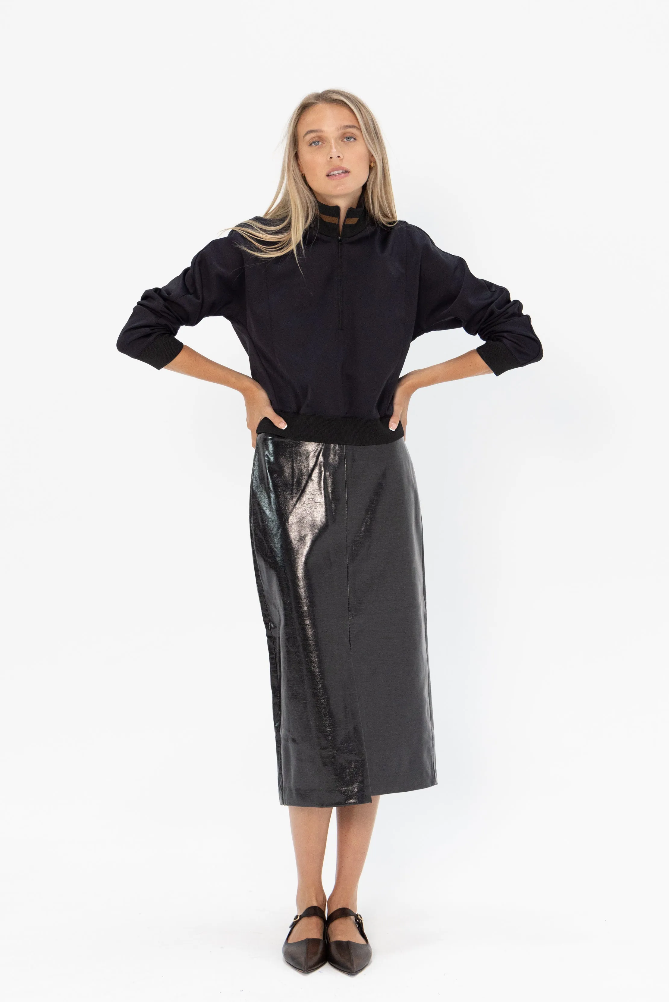 Glossed Jersey Pencil Skirt, Black