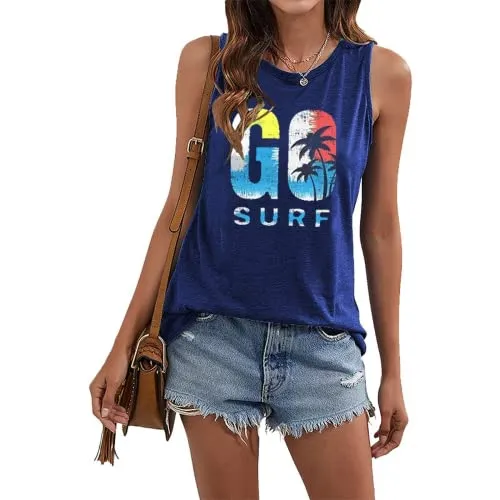 Go Surf Coconut Tree Tank Top Shirt for Women Beach Waves Surfing Fan Shirt