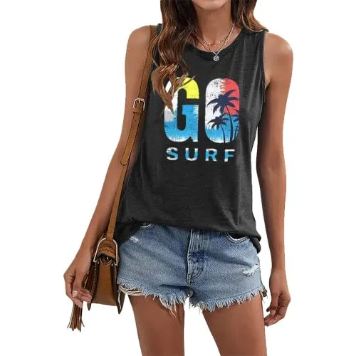 Go Surf Coconut Tree Tank Top Shirt for Women Beach Waves Surfing Fan Shirt