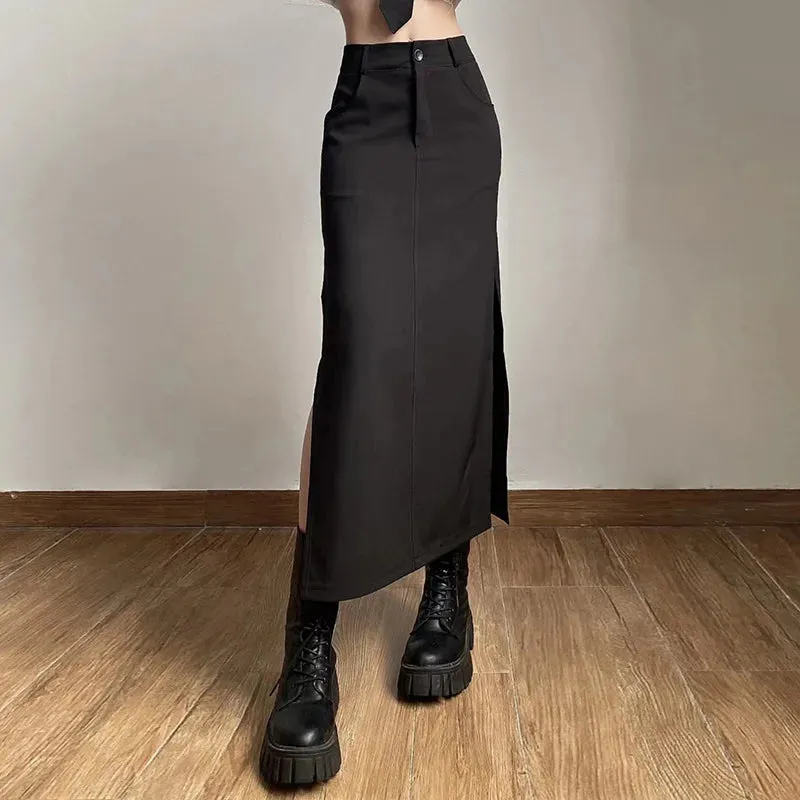 Goth Dark Streetwear Black Y2k Cargo Midi Grunge Gothic Split Sexy High Waist Skirt