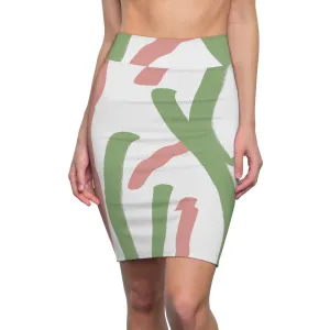 High Waist Womens Pencil Skirt - Contour Stretch - Green Mauve Abstract Brush Stroke Pattern