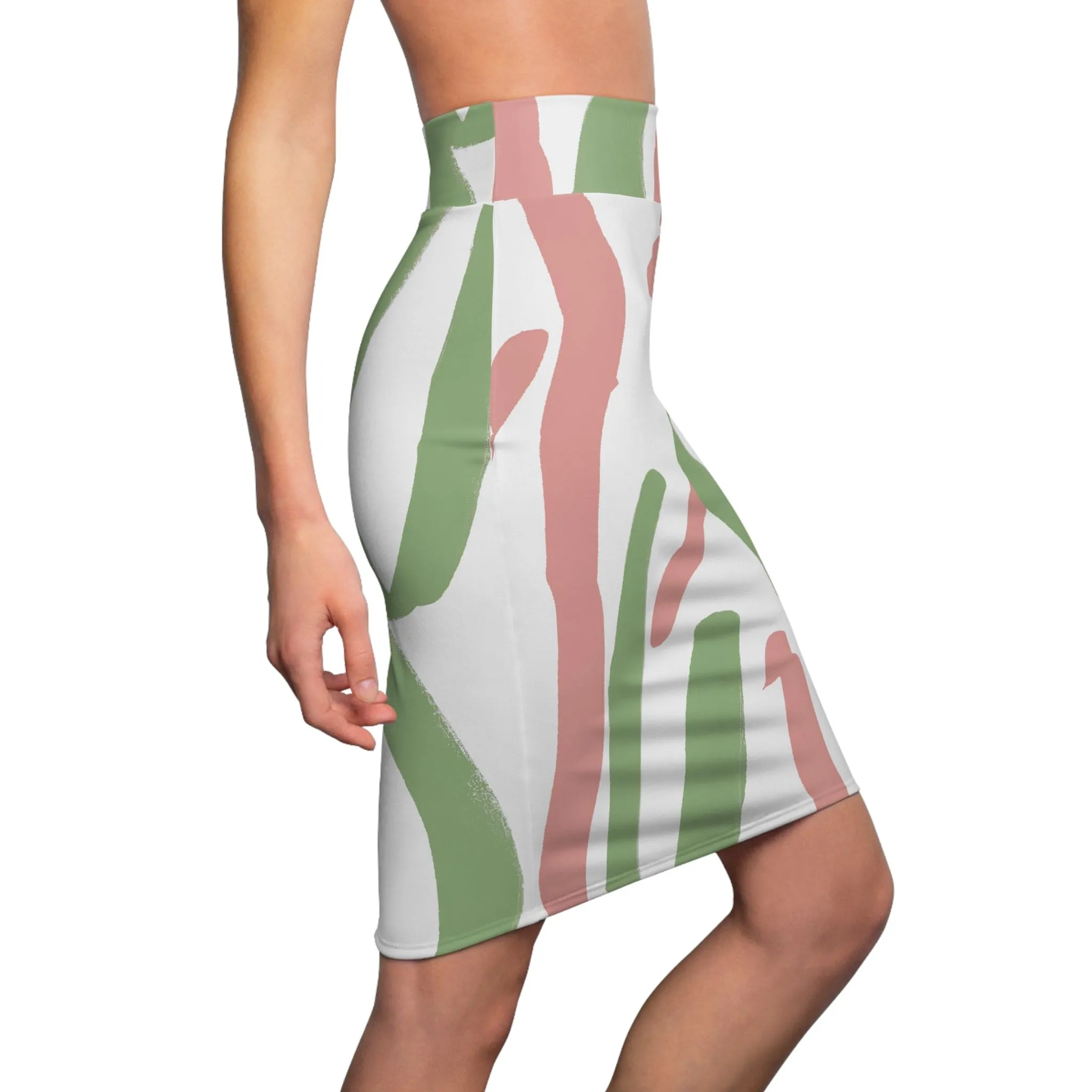 High Waist Womens Pencil Skirt - Contour Stretch - Green Mauve Abstract Brush Stroke Pattern