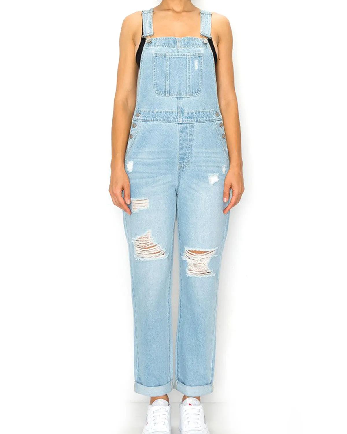 JUNIOR NON-STRETCH DENIM DESTROYED OVERALLS