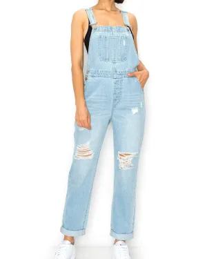 JUNIOR NON-STRETCH DENIM DESTROYED OVERALLS