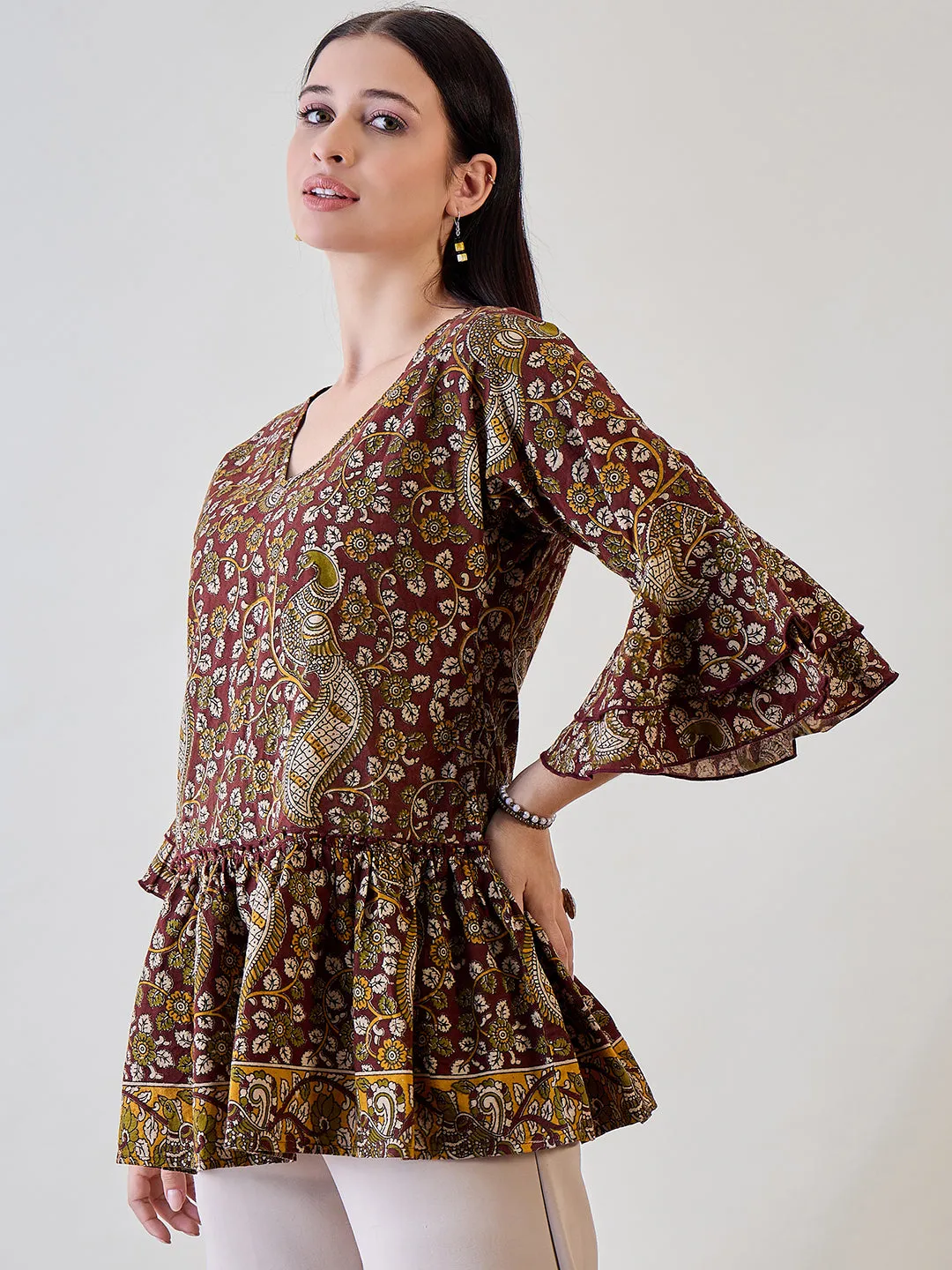 Kalamkari Ethnic Printed Cotton Peplum Top