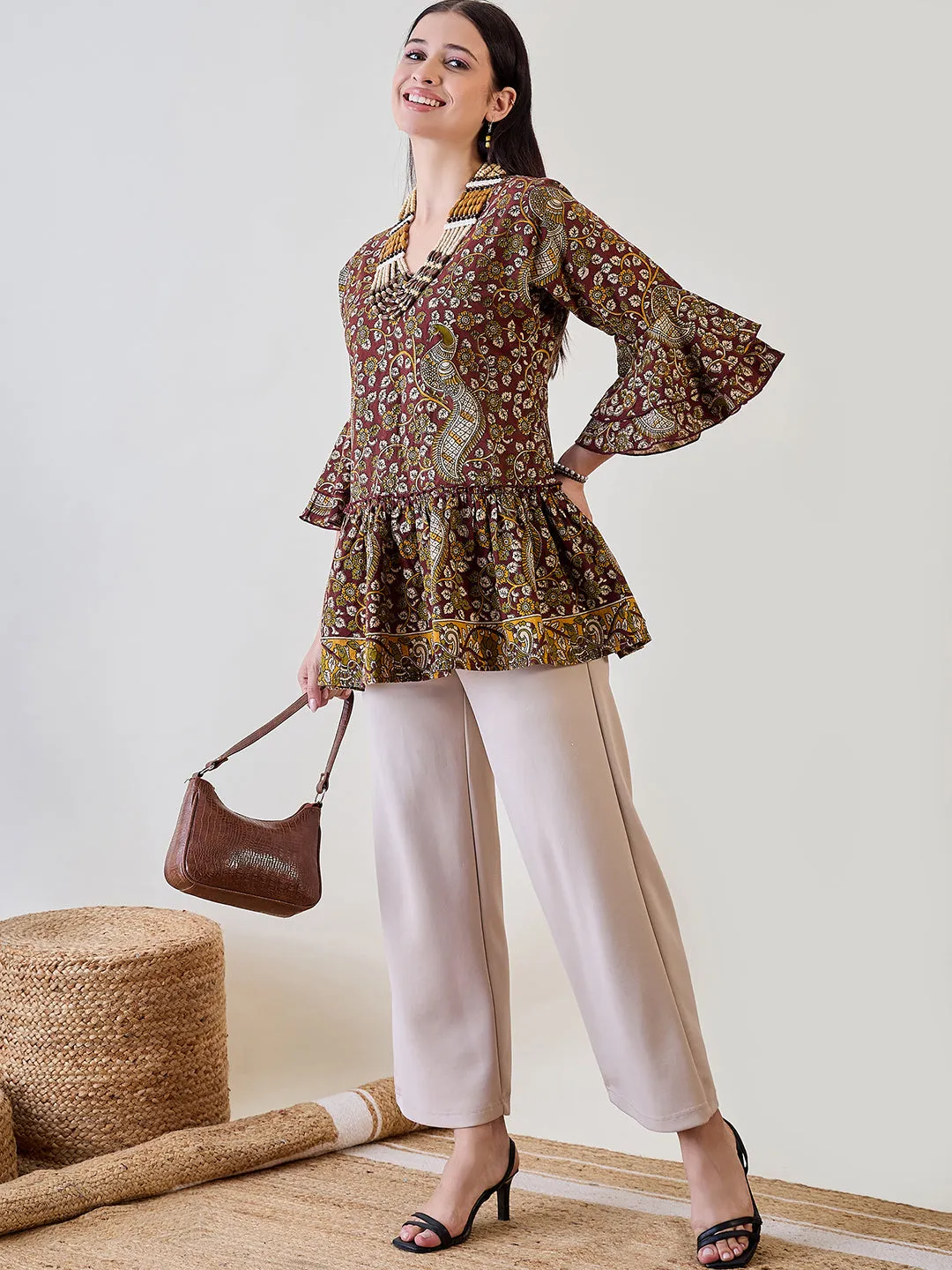 Kalamkari Ethnic Printed Cotton Peplum Top