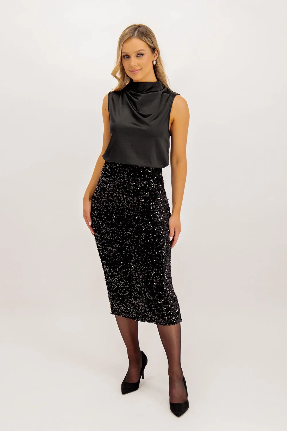 Kam Black Sequins High Waisted Midi Skirt